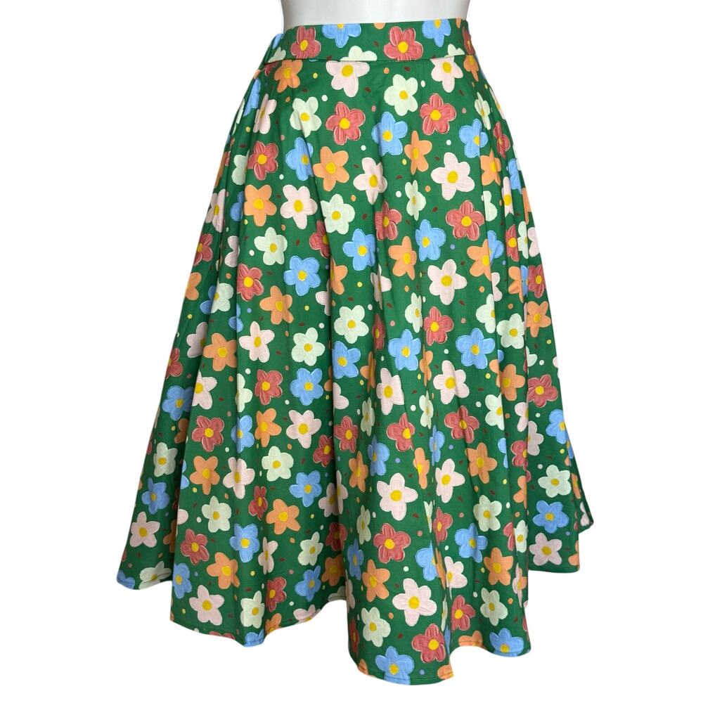 Tulip B Unique Vintage Green Painted Flowers Floral A-line Swing Skirt S NWT
